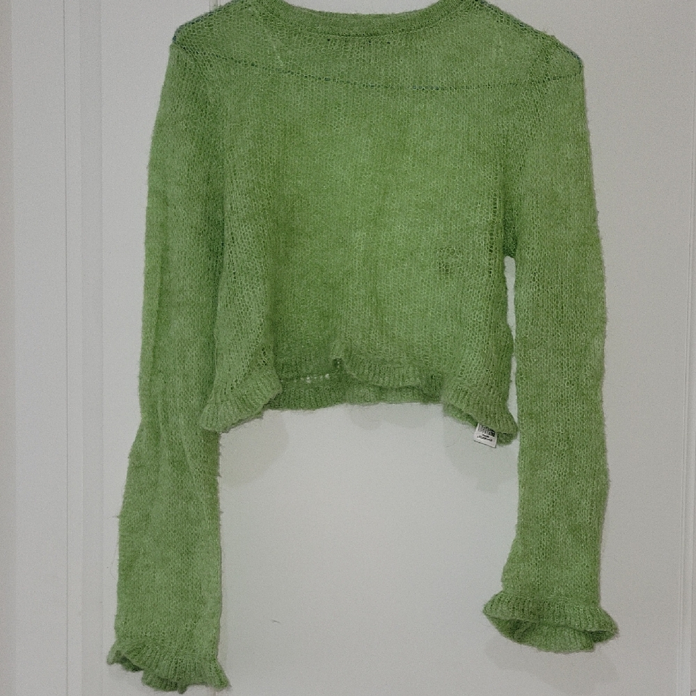 Zara Light Green Women's Croped Sweater With Ruffle Ends